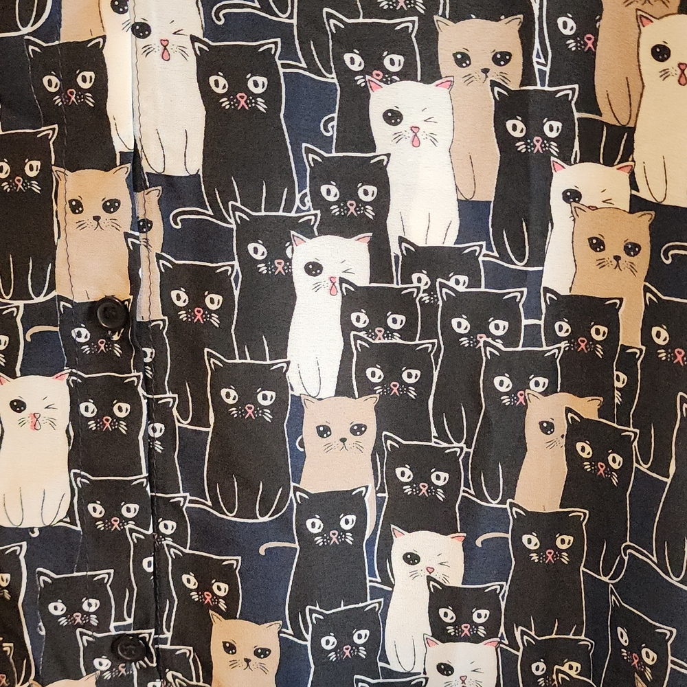 Button Down Cat Patterned Navy Shirt With Cat Col… - image 4